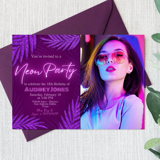 Neonpartyns landskapsinbjudan med foto inbjudningar (Neon Party Landscape Invitation with Photo Picture)