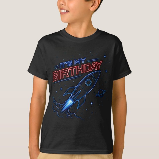 Neonraket Rymdfödelsedagsbarn Grafisk T-shirt (Framsida)