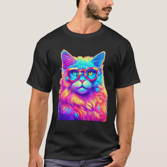Neonregnbågskatt som bär glasögon Abstrakt ljus P T Shirt (Framsida)