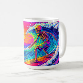 Neonskelett Surfar på Färgrik Solnedgång Kaffemugg