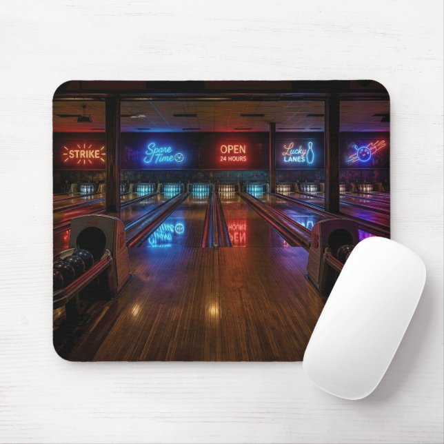 Neonskyltar i mörk bowlinghall musmatta (Med mus)