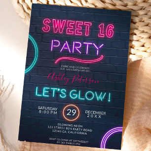 Neonskyltglöd i mörk rosa tegelstenar Sweet 16 Inbjudningar