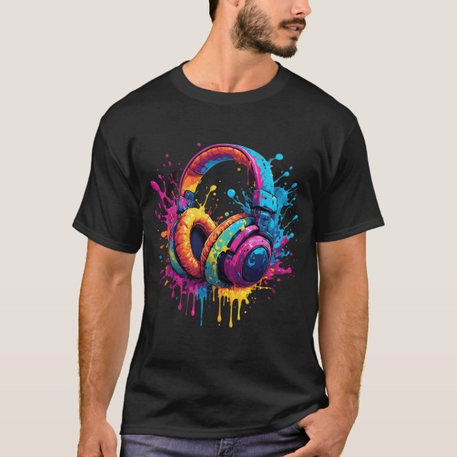 Neonstänk Hörlurar Konst T Shirt (Framsida)