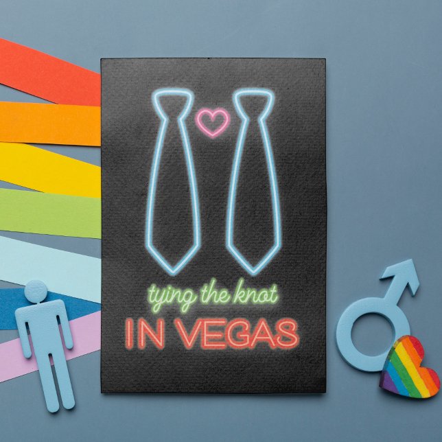 NeonTying Knot in Vegas Gay bröllopsinbjudan Inbjudningar (Featuring fabulous faux neon lights in two neck ties and a heart. Ideal for a wild Las Vegas wedding)