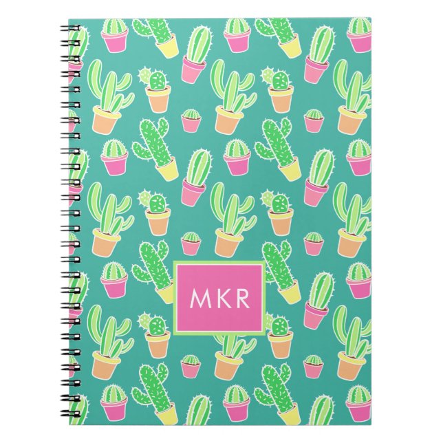 Neonvattenfärgkaktus i krukamönster anteckningsbok med spiral (Framsidan)
