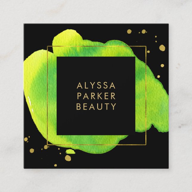 Neonvattenfärgstänk på svart med guld fyrkantigt visitkort (Framsida)