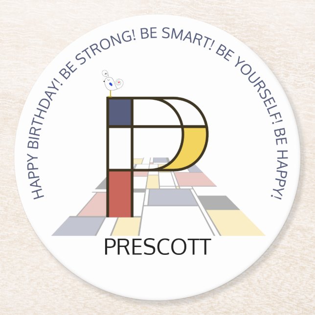 Neoplasticism Art Coola Monogram. BREV P Underlägg Papper Rund (Framsidan)