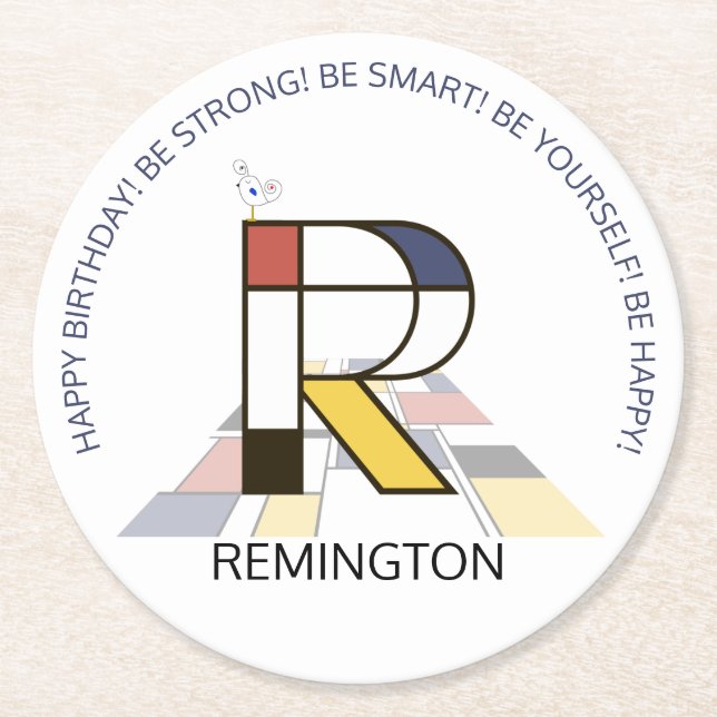 Neoplasticism Art Coola Monogram. BREV R Underlägg Papper Rund (Framsidan)