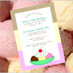 Neopolitan Rand Ice Cream Sundae Birthday Inbjudan