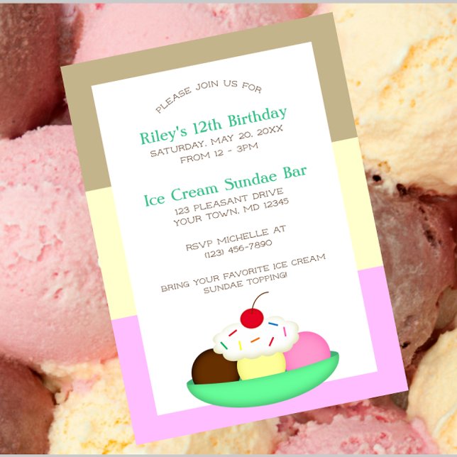 Neopolitan Rand Ice Cream Sundae Birthday Inbjudan (Skapare uppladdad)