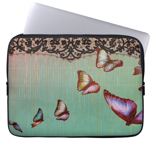 NEOPRENE LAPTOP SLEEVE RAND GRÖNT BUTTERFLIES (Framsidan)