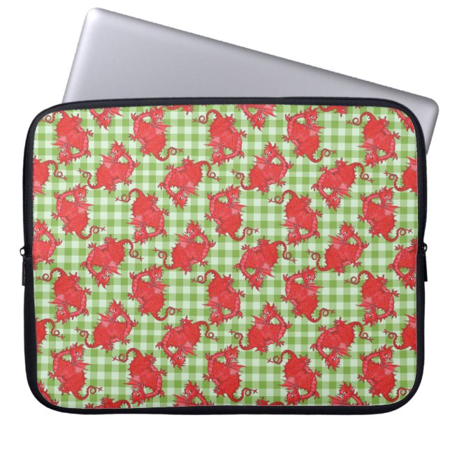 Neoprene Laptop sleeve: Röda dragoner, Grönt Gingh Laptop Sleeve (Framsidan)