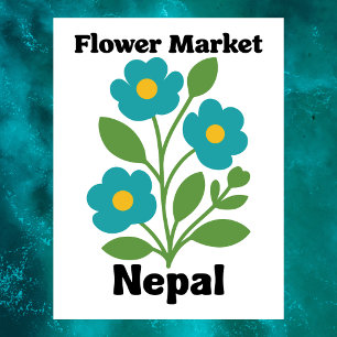 Nepal Blomstermarknad Teal Blossom & Grön Löv Vykort