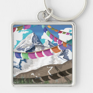 Nepal Himalayan Prayer Flaggor Travel-affisch Fyrkantig Silverfärgad Nyckelring