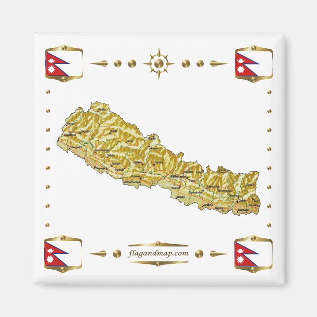 Nepal Karta + Flaggor Magnet (Framsidan)