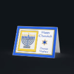 Nephew Chanukah Contemporary Menorah Kort<br><div class="desc">Lycklig Chanukah Dearest Nephew,  contemporary menorah med blåljus,  pappert hälsningskort. Digital illustration med en upplyst menorah och en David-stjärna. Art,  bild och versell copyright © Shoaff Ballanger Studios,  2024.</div>