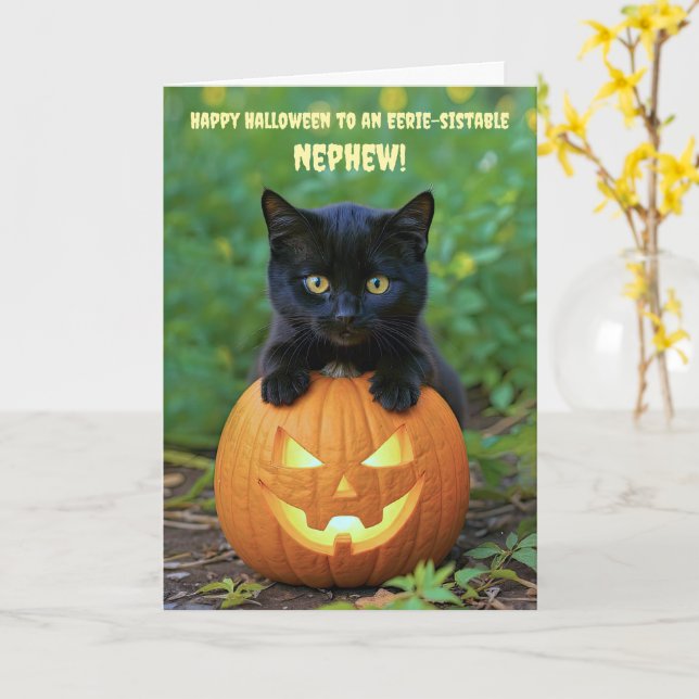 Nephew Cute Happy halloween Cute Black Kitten Kort (Gul blomma)