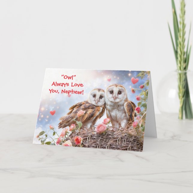 Nephew Cute Owls Happy Valentines Day Card Kort (Framsida)