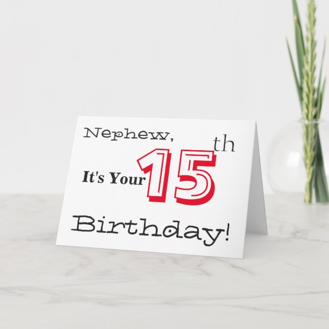 Nephew fyller 15 år hälsning i rött och svart. kort (Framsida)