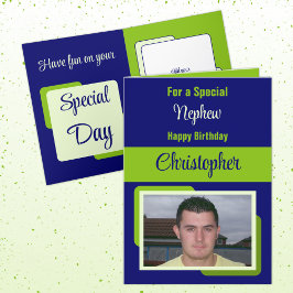Nephew namn fotoblå grönt födelsedag kort