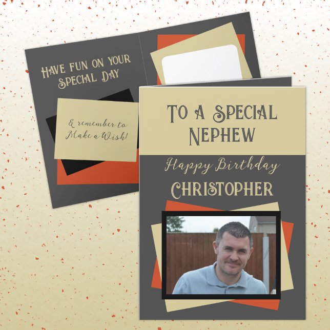 Nephew namn grått-orangens födelsedag kort (Skapare uppladdad)
