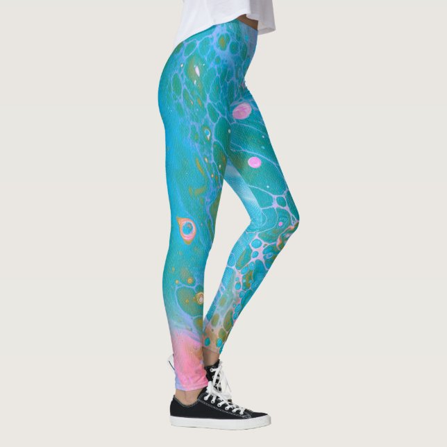 Neptune Himlar akrylic Pour Aqua Blue Abstrakt Leggings (Höger)