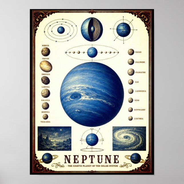 Neptunus & dess månar Astronomisk karta Poster (Framsidan)