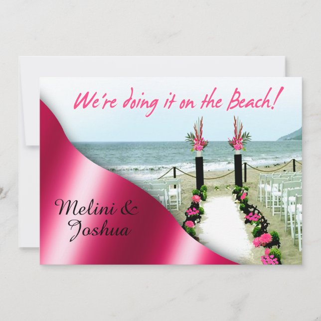 Ner Aisle Fuchsia Shock rosa Beach Wedding Inbjudningar (Framsida)
