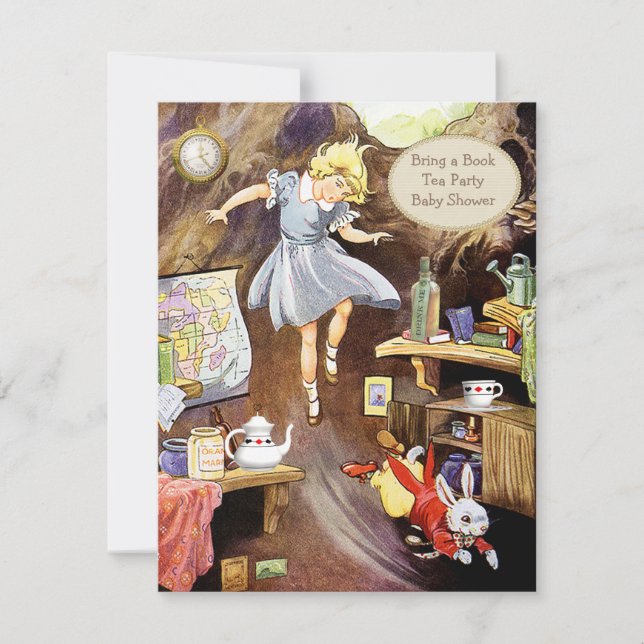 Ner på kaninen Hål tar med sig en babyskor i Bok Inbjudningar (Framsida)