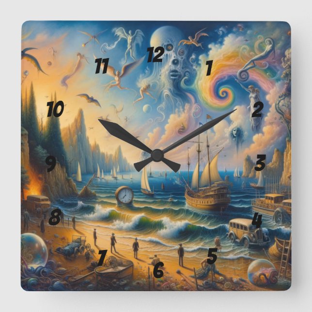 Ner vid havet: Ett surrealistiskt kustlandskap Fyrkantig Klocka (Framsida)