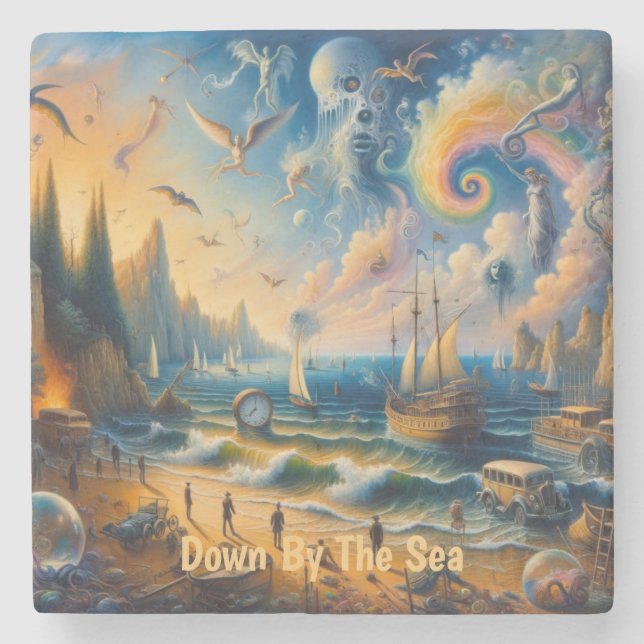 Ner vid havet: Ett surrealistiskt kustlandskap Stenunderlägg (Framsidan)