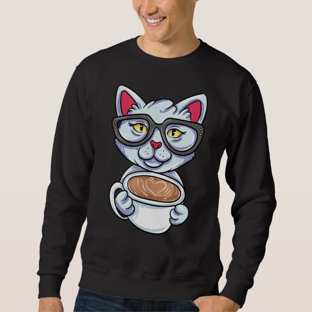 Nerd Cat Drinking Coffee Lång Ärmad Tröja (Framsida)