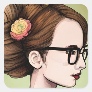 Nerdy Asian Girl Smart Dam Artsy Fyrkantigt Klistermärke