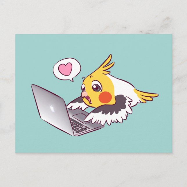 Nerdy cockatiel söt teckning Macbook-fågelpapegoja Vykort (Framsida)
