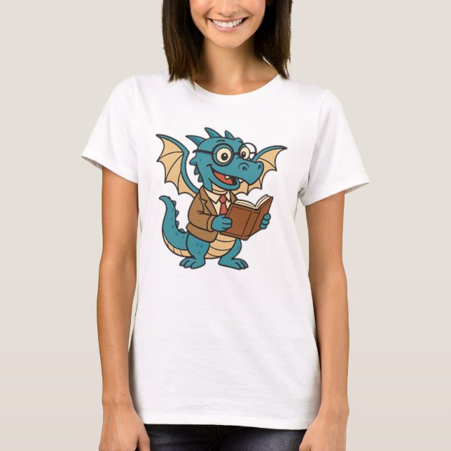 Nerdy Dragon Reading a Book T Shirt (Framsida)