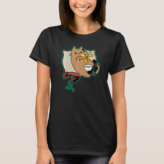 Nerdy Gamer Cat Eating Nacho Game Pausad T Shirt (Framsida)