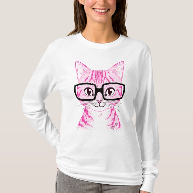 Nerdy kattkvinna för unik hand plockade Flowy T Shirt (Framsida)
