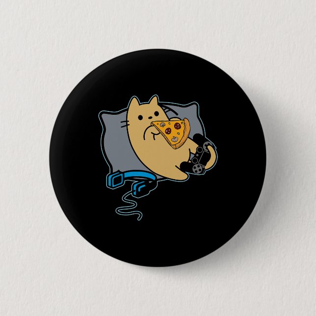 Nerdy Pizza Eating Gamer Cat Game Pausad Knapp (Framsida)