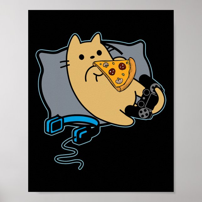 Nerdy Pizza Eating Gamer Cat Game Pausad Poster (Framsidan)
