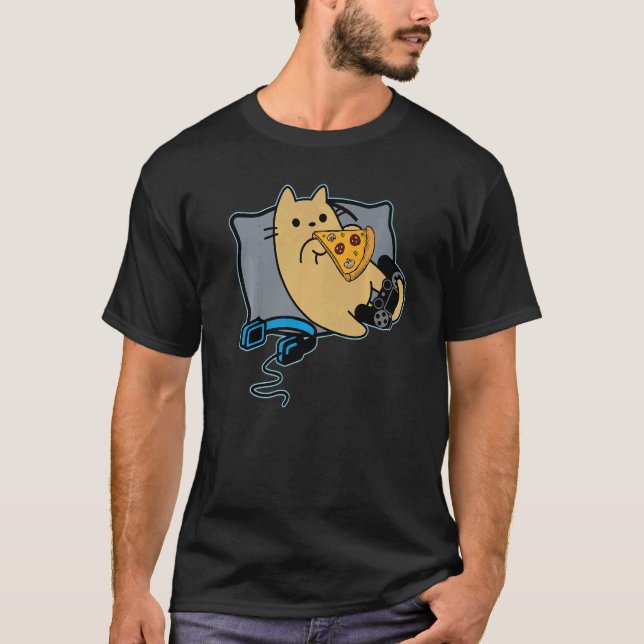Nerdy Pizza Eating Gamer Cat Game Paused T Shirt (Framsida)