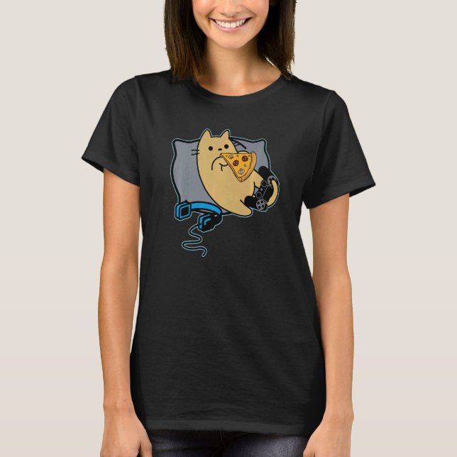 Nerdy Pizza Eating Gamer Cat Game Paused T Shirt (Framsida)