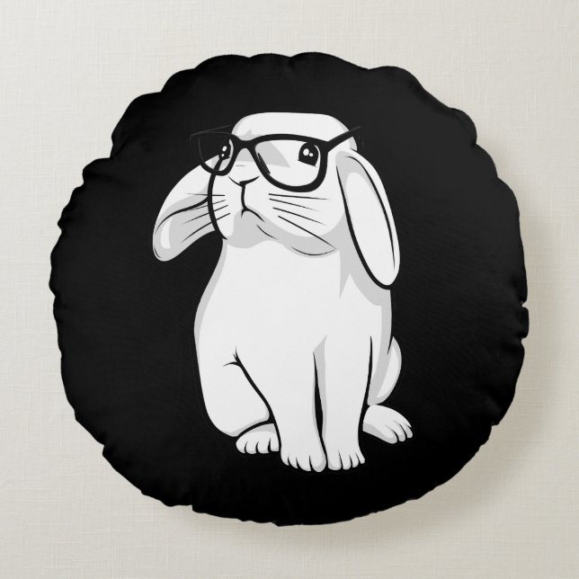 Nerdy Rabbit Cute Bunny Pet med glas Rund Kudde (Framsidan)