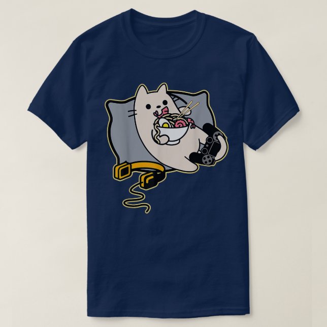 Nerdy Ramen Eating Gamer Cat Game Paused  T Shirt (Design framsida)