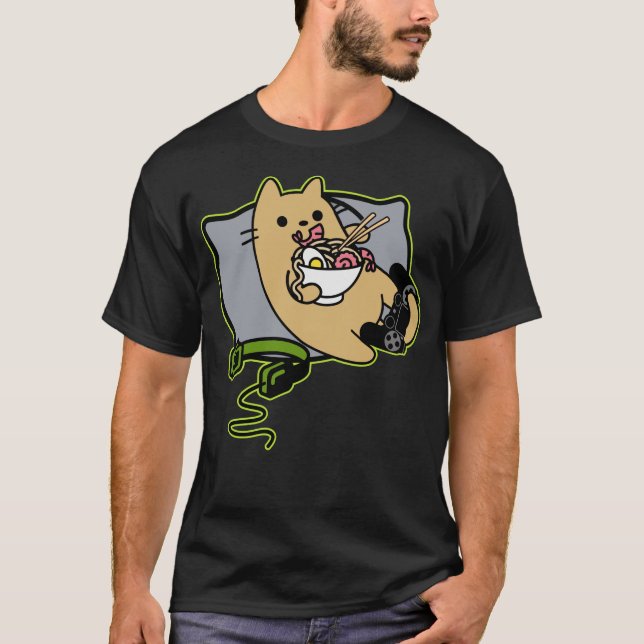 Nerdy Ramen Loading Eating Gamer Cat Game pausad T Shirt (Framsida)