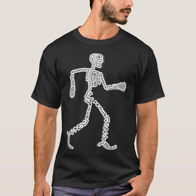 Nerdy Skeleton Walking Man med ben märkt T Shirt (Framsida)