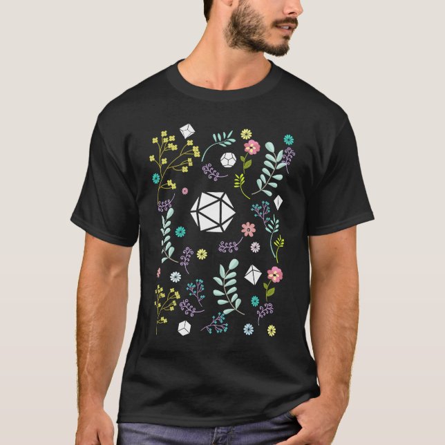 Nerdy White Polyhedral D20 Dice Set Plants and Flo T Shirt (Framsida)