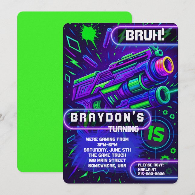 Nerf Gun Laser Tag GAMING Birthday Party Inbjudningar (Fram/baksida)