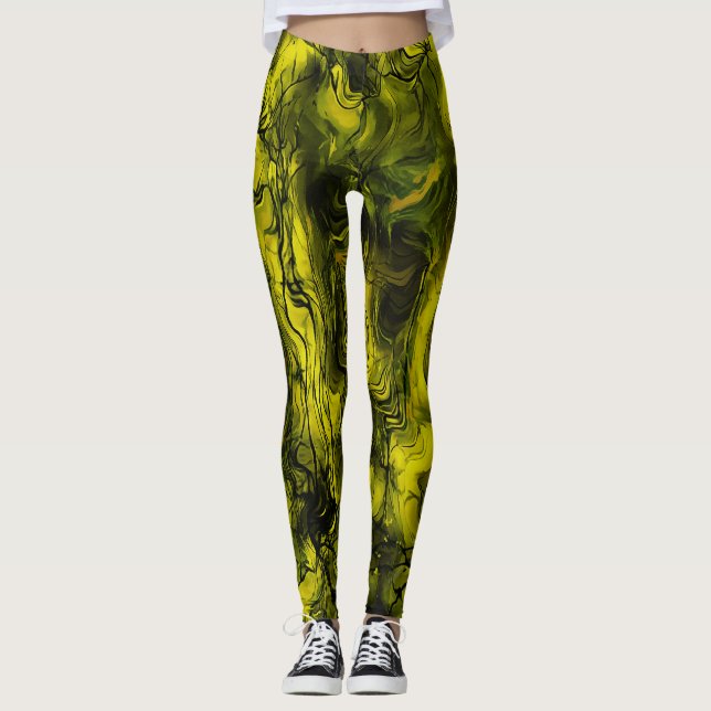 Nervous Energy Grungy Abstrakt Black and Gult Leggings (Framsida)