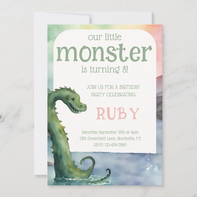Nessie Lilla Monster Födelsedagsinbjudan Inbjudningar (Framsida)