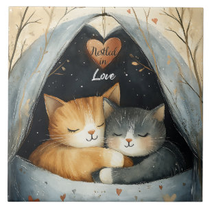 Nestled i Kattunge Cuddles Illustrated Art i Kärle Kakelplatta